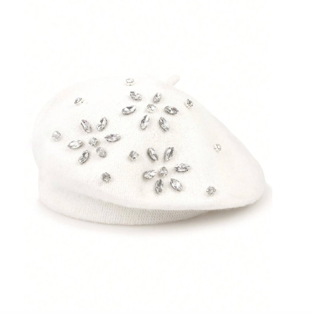 Wool Blend Rhinestone Flower Knitted Beret Cap White